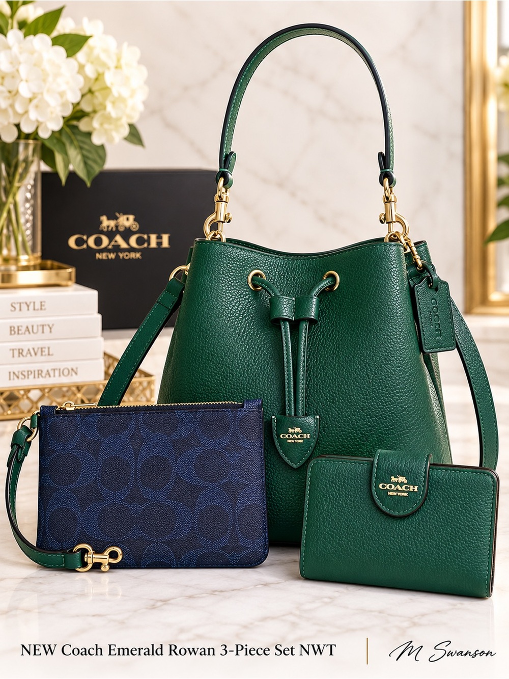 NEW Coach Emerald Rowan Bucket Bag Wallet Pouch 3-Piece Set NWT